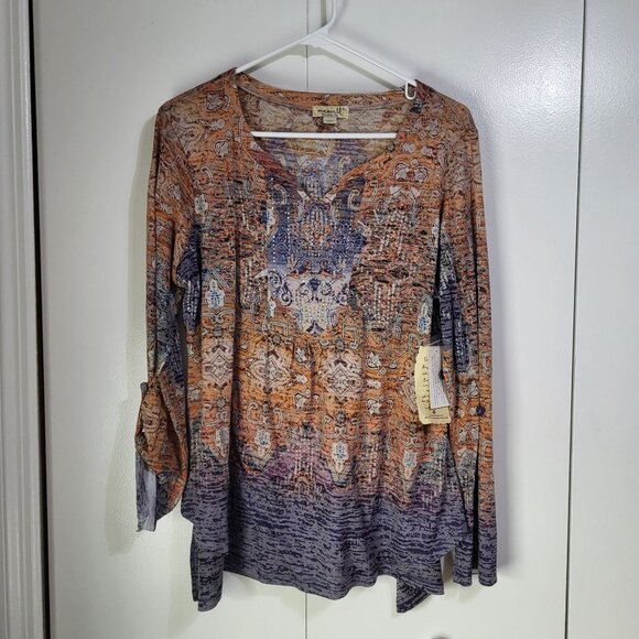ONE WORLD Women's XL Rhinesonte Burnout Boho Blouse Top Roll Tab Sleeves NWT - Picture 2 of 10